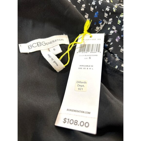 BCB Womens Romper Black/Comb Size S Tie Back Deep VNeck Lined Long Slv Sheer NWT - Picture 3 of 6